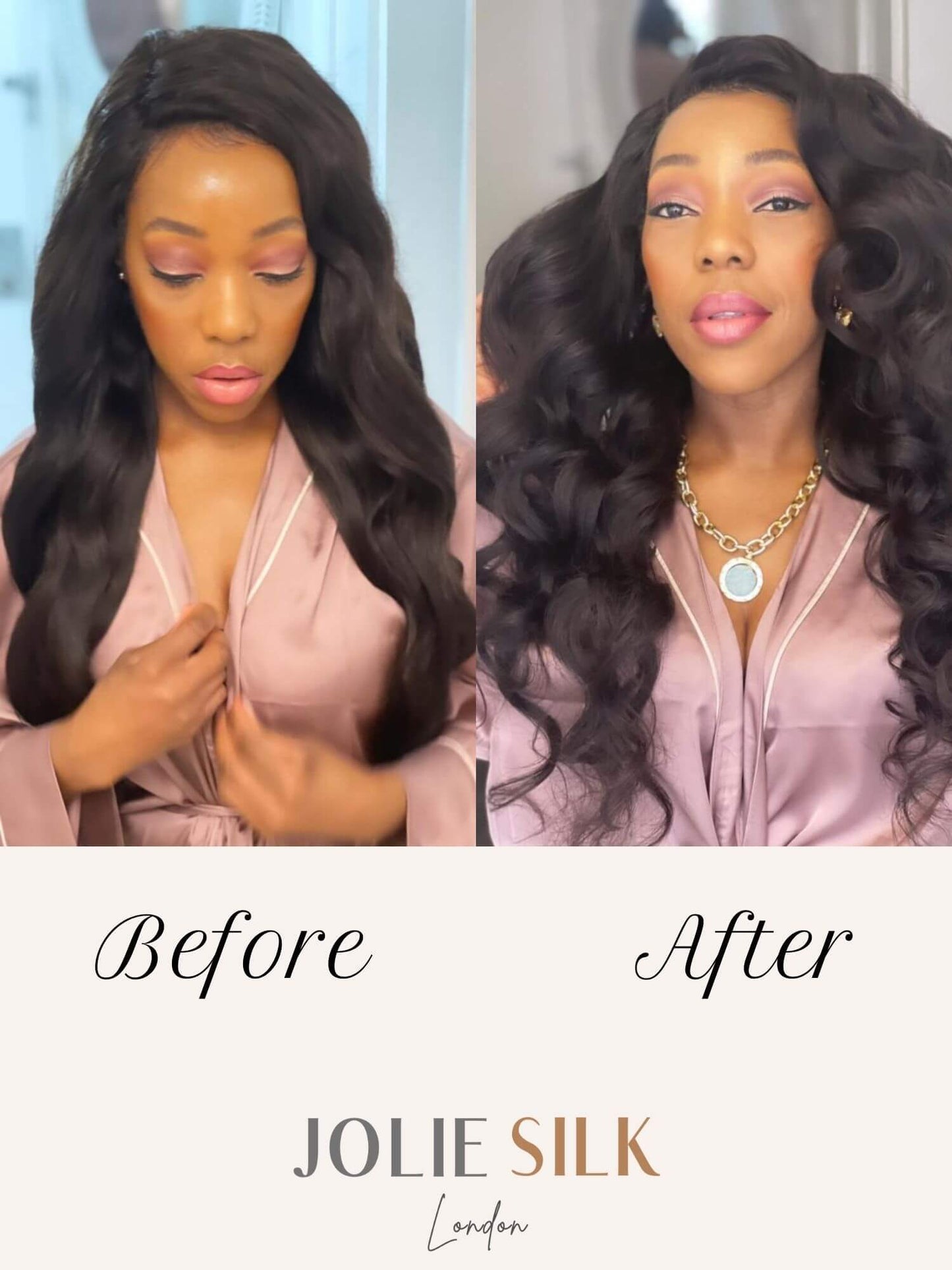 FLAWLESS CURL KIT: Before and after shots of model who has used the Jolie Silk Flawless Curl Kit, which produces bouncy curls, without heat. Heatless hair curl kit. 