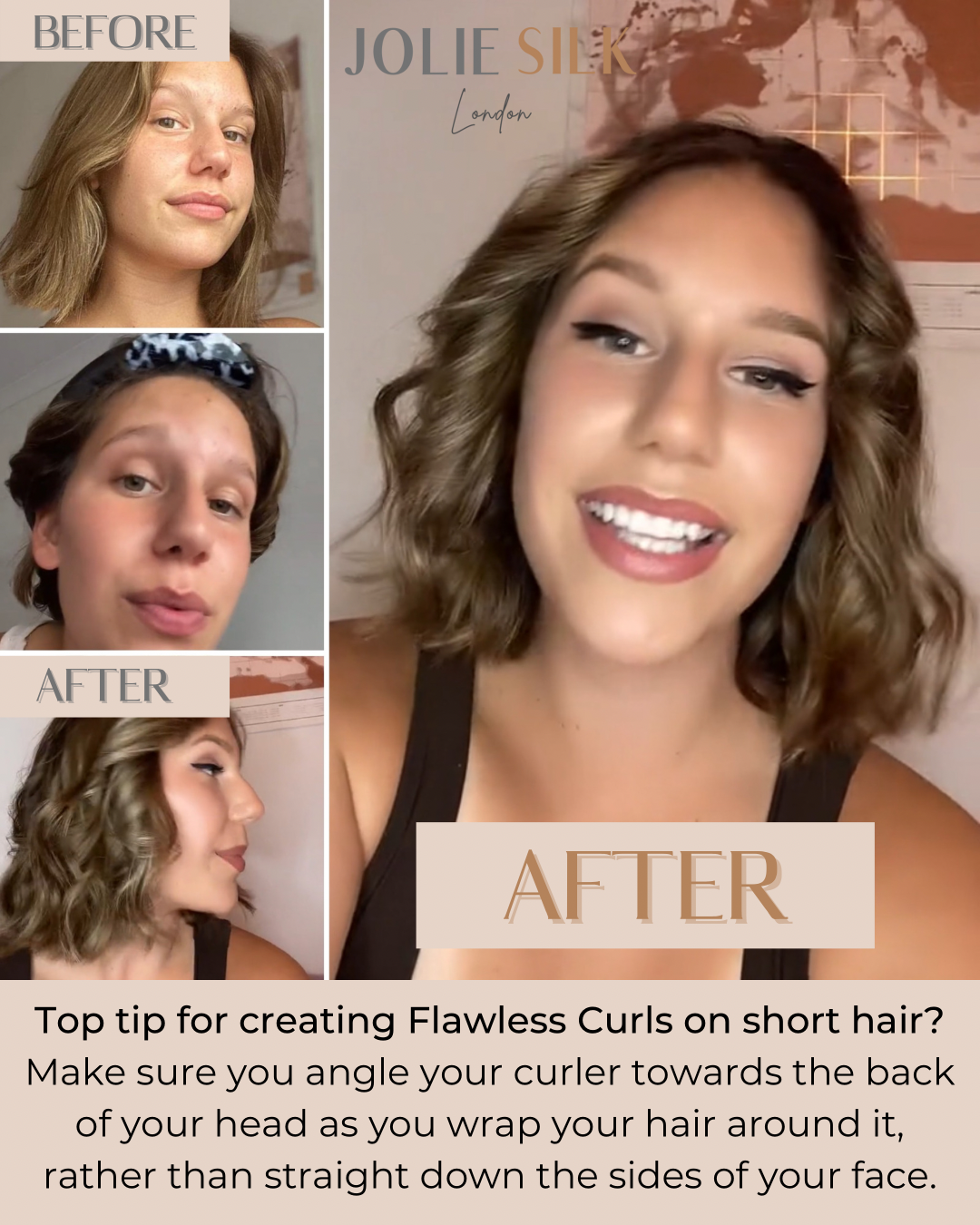 FLAWLESS CURL KIT: Before and after shots of model who has used the Jolie Silk Flawless Curl Kit, which produces bouncy curls, without heat. Heatless hair curl kit. Heatless curls. heatless curling ribbon. 