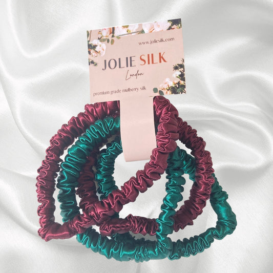 Glide Silk Hairbands by Jolie Silk Mulberry Silk Scrunchies Silk Hair Ties Strong Hold Hair Elastic Ponytail Holder Hair Ties . pile of silk skinny scrunchies. ONYX BLACK hair bobble hair thingy hairband HOLLYBERRY Emerald Green Berry Red